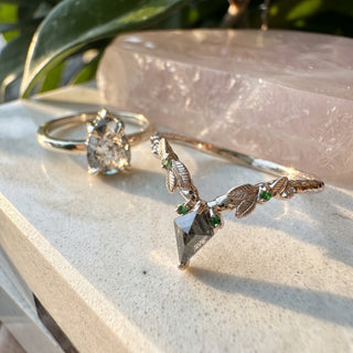 Leaf Andromeda Wedding Ring, Tsavorite Garnet and Moissanite, Salt and Pepper Kite Focal, Twisted Band