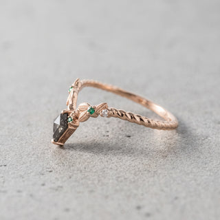 Leaf Andromeda Wedding Ring, Tsavorite Garnet and Moissanite, Salt and Pepper Kite Focal, Twisted Band