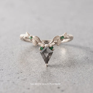 Leaf Andromeda Wedding Ring, Tsavorite Garnet and Moissanite, Salt and Pepper Kite Focal, Twisted Band
