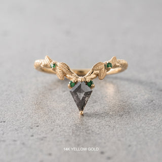 Leaf Andromeda Wedding Ring, Tsavorite Garnet and Moissanite, Salt and Pepper Kite Focal, Twisted Band