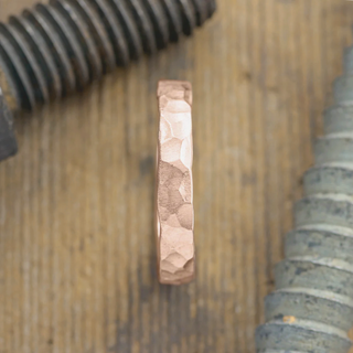 4mm Comfort Fit 14k Peach Gold Mens Wedding Band, Hammered Matte