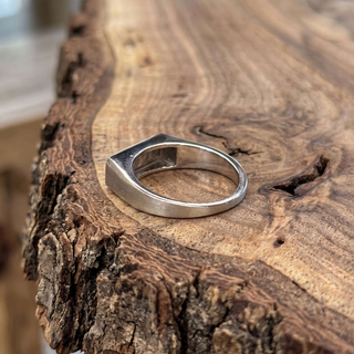 Purple Kite Sapphire Men's Signet Style Wedding Ring, Matte men's wedding band, Point No Point Studio. Eco-friendly, Recycled Metals, Conflict Free.