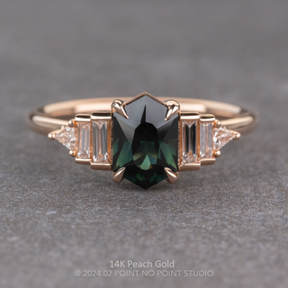 1.53 Carat Teal Hexagon Sapphire and Diamond Engagement Ring, Betty Setting, Point No Point Studio. Available in a variety of metal types. Eco-friendly, Recycled Metals, Conflict Free.