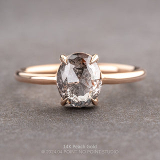 1.90 Carat Salt and Pepper Oval Diamond Engagement Ring, Jade Setting, Point No Point Studio. Available in a variety of metal types. Eco-friendly, Recycled Metals, Conflict Free.