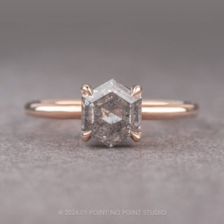 1.73 Carat Canadian Salt and Pepper Hexagon Diamond Engagement Ring, Basket Jane Setting, Point No Point Studio. Available in a variety of metal types. Eco-friendly, Recycled Metals, Conflict Free.