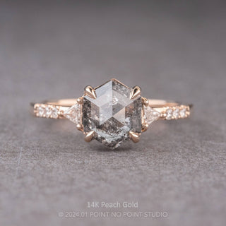 1.41 Carat Canadian Salt and Pepper Hexagon Diamond Engagement Ring, Eliza Setting, Point No Point Studio. Available in a variety of metal types. Eco-friendly, Recycled Metals, Conflict Free.