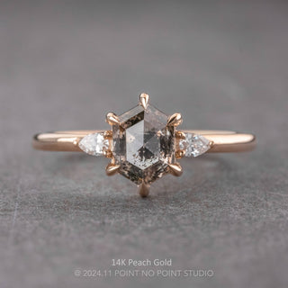 2.08 Carat Salt and Pepper Hexagon Diamond Engagement Ring, Zoe Setting, Point No Point Studio. Available in a variety of metal types. Eco-friendly, Recycled Metals, Conflict Free.