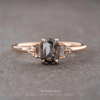 1.26 Carat Black Salt and Pepper Hexagon Diamond Engagement Ring, Dahlia Setting, Point No Point Studio. Available in a variety of metal types. Eco-friendly, Recycled Metals, Conflict Free.