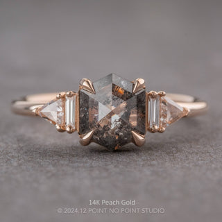 1.47 Carat Salt and Pepper Hexagon Diamond Engagement Ring, Beatrice Setting, Point No Point Studio. Available in a variety of metal types. Eco-friendly, Recycled Metals, Conflict Free.