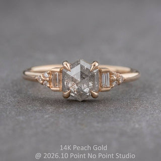 .99 Carat Salt and Pepper Hexagon Diamond Engagement Ring, Dahlia Setting, Point No Point Studio. Available in a variety of metal types. Eco-friendly, Recycled Metals, Conflict Free.