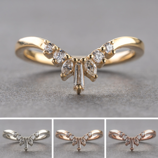 Petite Sage Wedding Ring, 7 Diamond, V-Shaped Contour, Loaf Band