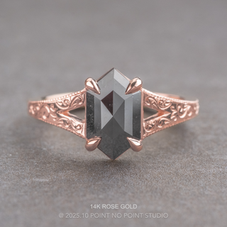 1.41 Carat Black Hexagon Diamond Engagement Ring, Engraved Split Shank Jane