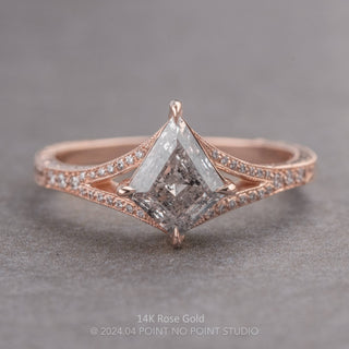 1.17 Carat Canadian Salt and Pepper Kite Diamond Engagement Ring, Engraved River Setting, Point No Point Studio. Available in a variety of metal types. Eco-friendly, Recycled Metals, Conflict Free.