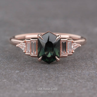 1.53 Carat Teal Hexagon Sapphire and Diamond Engagement Ring, Betty Setting, Point No Point Studio. Available in a variety of metal types. Eco-friendly, Recycled Metals, Conflict Free.