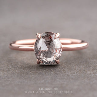 1.90 Carat Salt and Pepper Oval Diamond Engagement Ring, Jade Setting, Point No Point Studio. Available in a variety of metal types. Eco-friendly, Recycled Metals, Conflict Free.