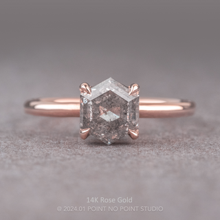 1.73 Carat Canadian Salt and Pepper Hexagon Diamond Engagement Ring, Basket Jane Setting, Point No Point Studio. Available in a variety of metal types. Eco-friendly, Recycled Metals, Conflict Free.