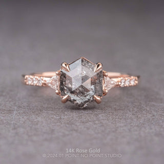 1.41 Carat Canadian Salt and Pepper Hexagon Diamond Engagement Ring, Eliza Setting, Point No Point Studio. Available in a variety of metal types. Eco-friendly, Recycled Metals, Conflict Free.