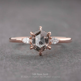2.08 Carat Salt and Pepper Hexagon Diamond Engagement Ring, Zoe Setting, Point No Point Studio. Available in a variety of metal types. Eco-friendly, Recycled Metals, Conflict Free.