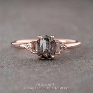 1.26 Carat Black Salt and Pepper Hexagon Diamond Engagement Ring, Dahlia Setting, Point No Point Studio. Available in a variety of metal types. Eco-friendly, Recycled Metals, Conflict Free.