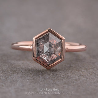 2.34 Carat Salt and Pepper Hexagon Diamond Engagement Ring, Bezel Jane Setting, Point No Point Studio. Available in a variety of metal types. Eco-friendly, Recycled Metals, Conflict Free.