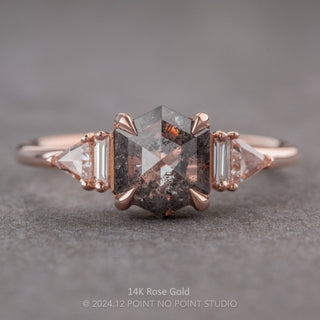 1.47 Carat Salt and Pepper Hexagon Diamond Engagement Ring, Beatrice Setting, Point No Point Studio. Available in a variety of metal types. Eco-friendly, Recycled Metals, Conflict Free.