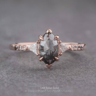 1.56 Carat Black Speckled Marquise Diamond Engagement Ring, Ombre Eliza Setting, Point No Point Studio. Available in a variety of metal types. Eco-friendly, Recycled Metals, Conflict Free.