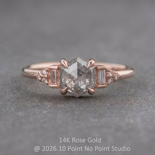 .99 Carat Salt and Pepper Hexagon Diamond Engagement Ring, Dahlia Setting, Point No Point Studio. Available in a variety of metal types. Eco-friendly, Recycled Metals, Conflict Free.