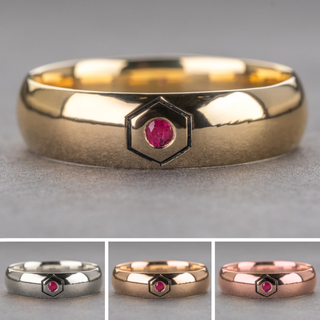 Hexagon Outlined Ruby Half Round Mens Wedding Band, Comfort Fit