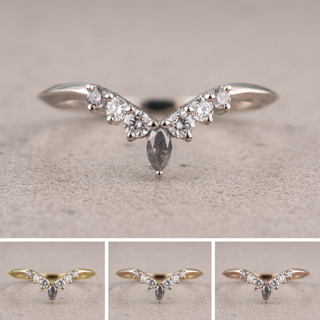 Rae Wedding Ring, Salt and Pepper Marquise, 7 Diamond, Knife Edge Band women's wedding band, Point No Point Studio. Eco-friendly, Recycled Metals, Conflict Free.