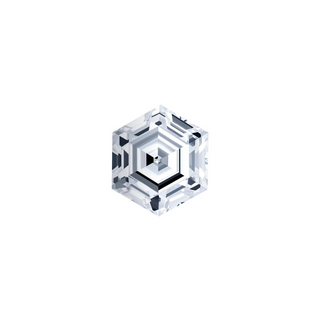 A single hexagonal clear gemstone with a faceted, geometric cut, centered on a solid white background.