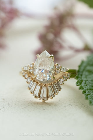 2.08 Carat Pear Moissanite and Diamond Engagement Ring, Quinn Setting, 14K Yellow Gold