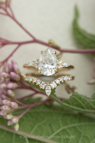 2.08 Carat Pear Moissanite and Diamond Engagement Ring, Quinn Setting, 14K Yellow Gold