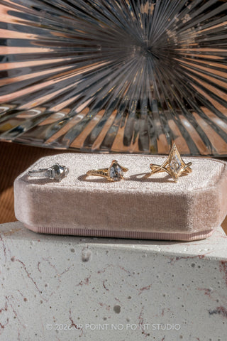 1.57 Carat Black Salt and Pepper Hexagon Diamond Engagement Ring, Ombre Lucille Setting, Point No Point Studio. Eco-friendly, Recycled Metals, Conflict Free.