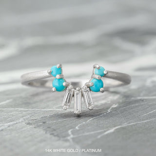 Stella Wedding Ring, Turquoise Rounds, 3 Diamond, Matte Loaf Band