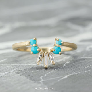 Stella Wedding Ring, Turquoise Rounds, 3 Diamond, Matte Loaf Band
