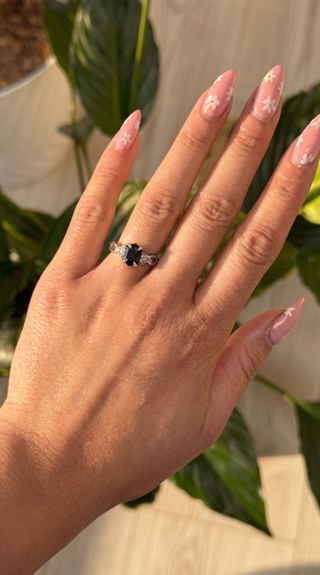 1.43 Carat Teal Hexagon Sapphire and Diamond Engagement Ring, Leaf Quinn Setting