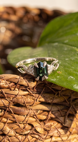 1.43 Carat Teal Hexagon Sapphire and Diamond Engagement Ring, Leaf Quinn Setting