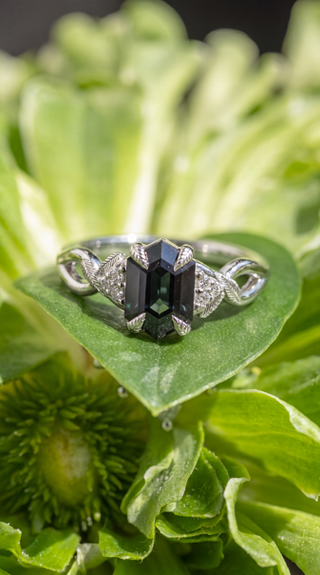 1.43 Carat Teal Hexagon Sapphire and Diamond Engagement Ring, Leaf Quinn Setting