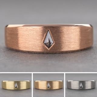 Black Salt and Pepper Kite Diamond Men's Beveled Edge Leo Wedding Band, Comfort Fit men's wedding band, Point No Point Studio. Eco-friendly, Recycled Metals, Conflict Free.