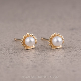 Ariel White Seed Pearl Shell Studs, 14k Yellow Gold Earrings