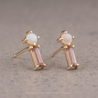 White Opal and Pink Tourmaline Studs, 14k Yellow Gold Earrings