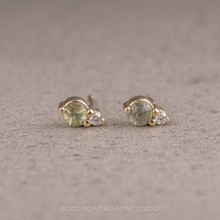 Green Sapphire and Diamond Studs, 14k Yellow Gold Earrings