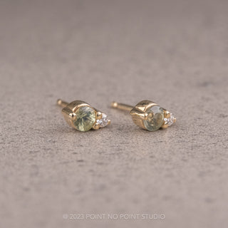Green Sapphire and Diamond Studs, 14k Yellow Gold Earrings
