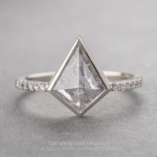 3.20 Carat Salt and Pepper Kite Diamond Engagement Ring, Bezel Jules Setting, Point No Point Studio. Available in a variety of metal types. Eco-friendly, Recycled Metals, Conflict Free.
