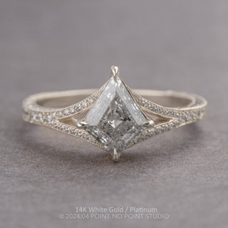 1.17 Carat Canadian Salt and Pepper Kite Diamond Engagement Ring, Engraved River Setting, Point No Point Studio. Available in a variety of metal types. Eco-friendly, Recycled Metals, Conflict Free.