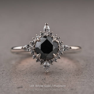 1.16 Carat Black Round Diamond Engagement Ring, Cosette Setting, Point No Point Studio. Available in a variety of metal types. Eco-friendly, Recycled Metals, Conflict Free.