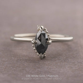 1.26 Carat Black Marquise Diamond Engagement Ring, Rhea Setting, Point No Point Studio. Available in a variety of metal types. Eco-friendly, Recycled Metals, Conflict Free.