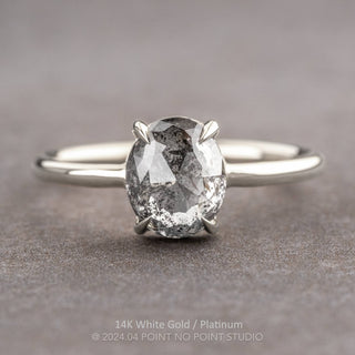 1.90 Carat Salt and Pepper Oval Diamond Engagement Ring, Jade Setting, Point No Point Studio. Available in a variety of metal types. Eco-friendly, Recycled Metals, Conflict Free.