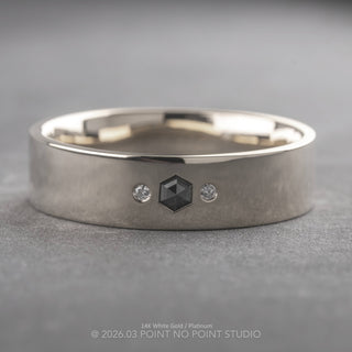 Salt and Pepper Hexagon White Diamond Mens Wedding Band, Comfort Fit men's wedding band, Point No Point Studio. Eco-friendly, Recycled Metals, Conflict Free.