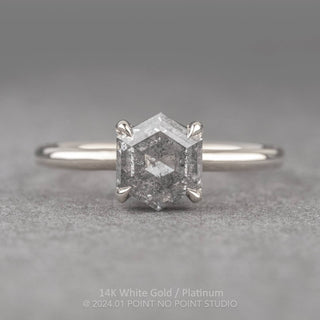 1.73 Carat Canadian Salt and Pepper Hexagon Diamond Engagement Ring, Basket Jane Setting, Point No Point Studio. Available in a variety of metal types. Eco-friendly, Recycled Metals, Conflict Free.